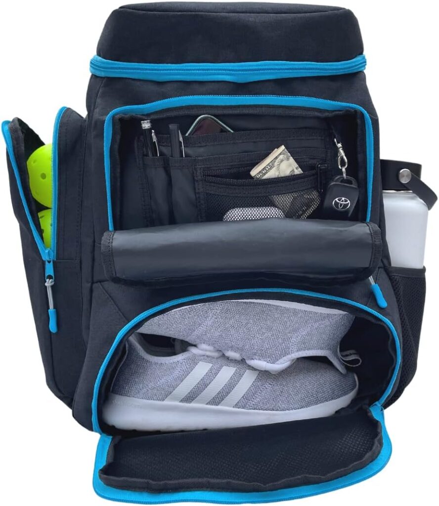 Pickleball Backpack for Men and Women - Fits 2 to 4 Paddles - Shoe Compartment, Fence Hook, Storage Pockets for 2 Water Bottles, Pickleballs, Clothing, Racquet / Paddle Storage - Pickleball Bag - Water-Resistant Material