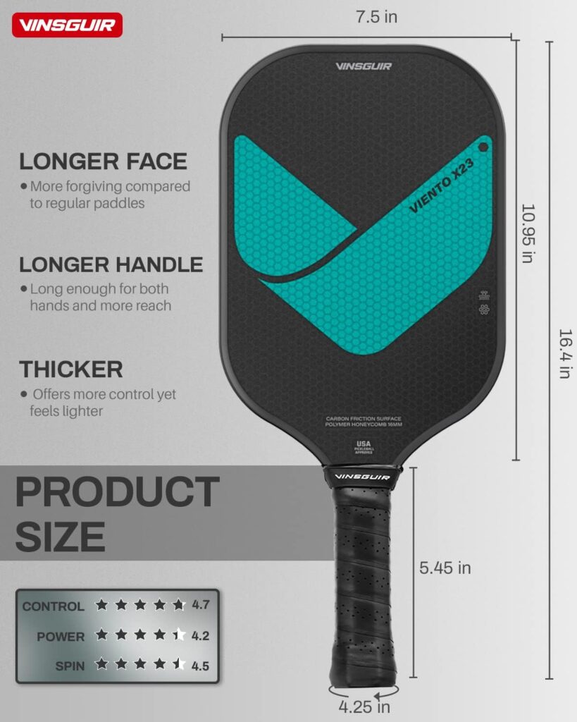VINSGUIR Pickleball Paddle, USA Pickleball Approved, Frosted Carbon Fiber Surface with Reinforced 16mm Polypropylene Honeycomb Core, Perforated Grip, Ideal for Novice and Professional Players