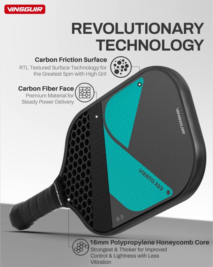 VINSGUIR Pickleball Paddle, USA Pickleball Approved, Frosted Carbon Fiber Surface with Reinforced 16mm Polypropylene Honeycomb Core, Perforated Grip, Ideal for Novice and Professional Players
