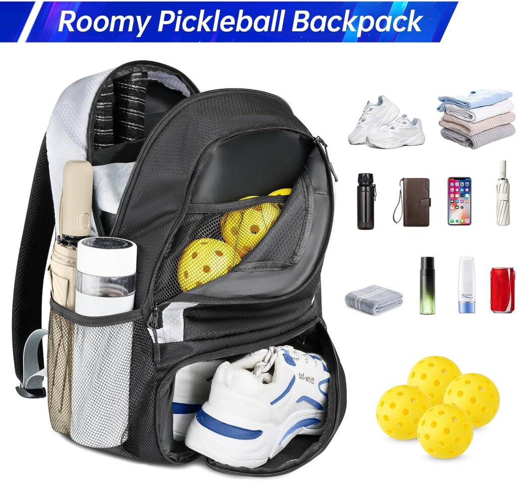 YOREPEK Pickleball Bag Backpack with Shoe Compartment, Fence Hook for Men Women, Large Capacity Pickleball Paddle Bags Hold Paddles, Pickleballs, Clothes Shoes and Pickleball Accessories (Bag Only)