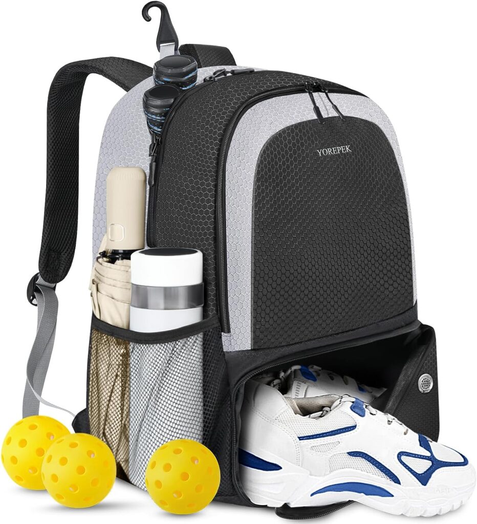 YOREPEK Pickleball Bag Backpack with Shoe Compartment, Fence Hook for Men Women, Large Capacity Pickleball Paddle Bags Hold Paddles, Pickleballs, Clothes Shoes and Pickleball Accessories (Bag Only)