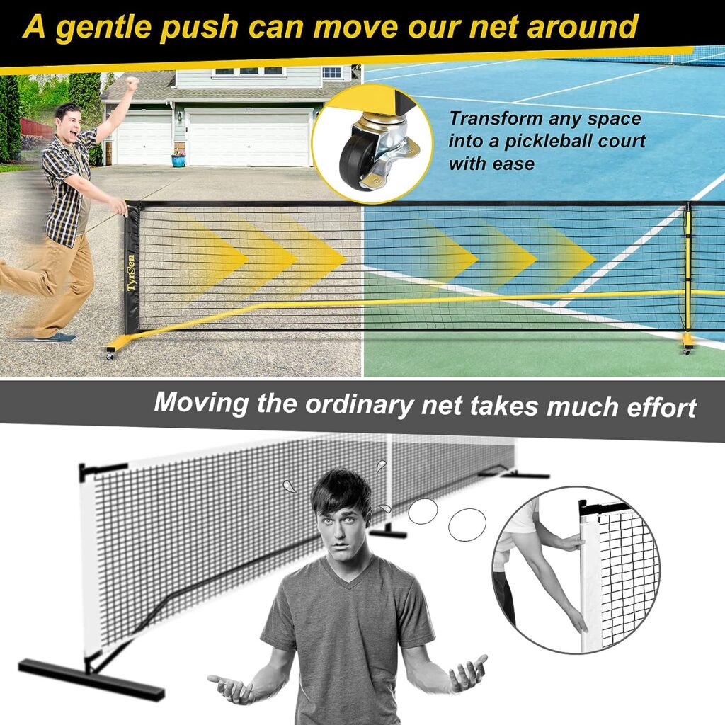 TYRSEN Pickleball Set with Net for Driveway Portable Pickleball Net on Wheels 22 FT Regulation Size Pickle Ball Net System with Carrying Bag, Weather Resistant Metal Frame