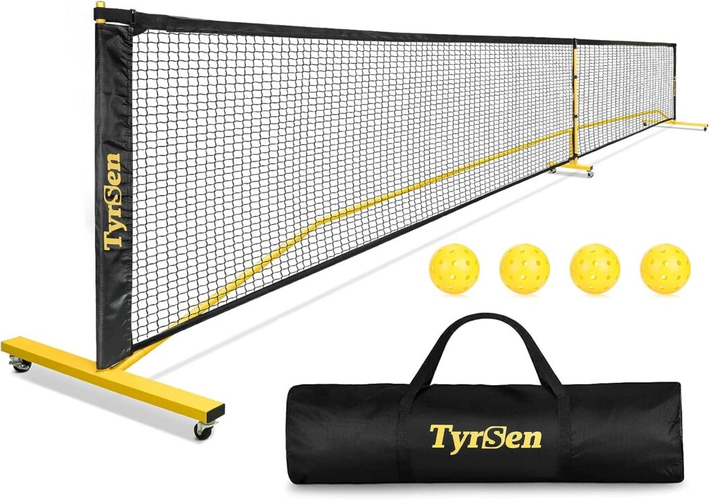 TYRSEN Pickleball Set with Net for Driveway Portable Pickleball Net on Wheels 22 FT Regulation Size Pickle Ball Net System with Carrying Bag, Weather Resistant Metal Frame