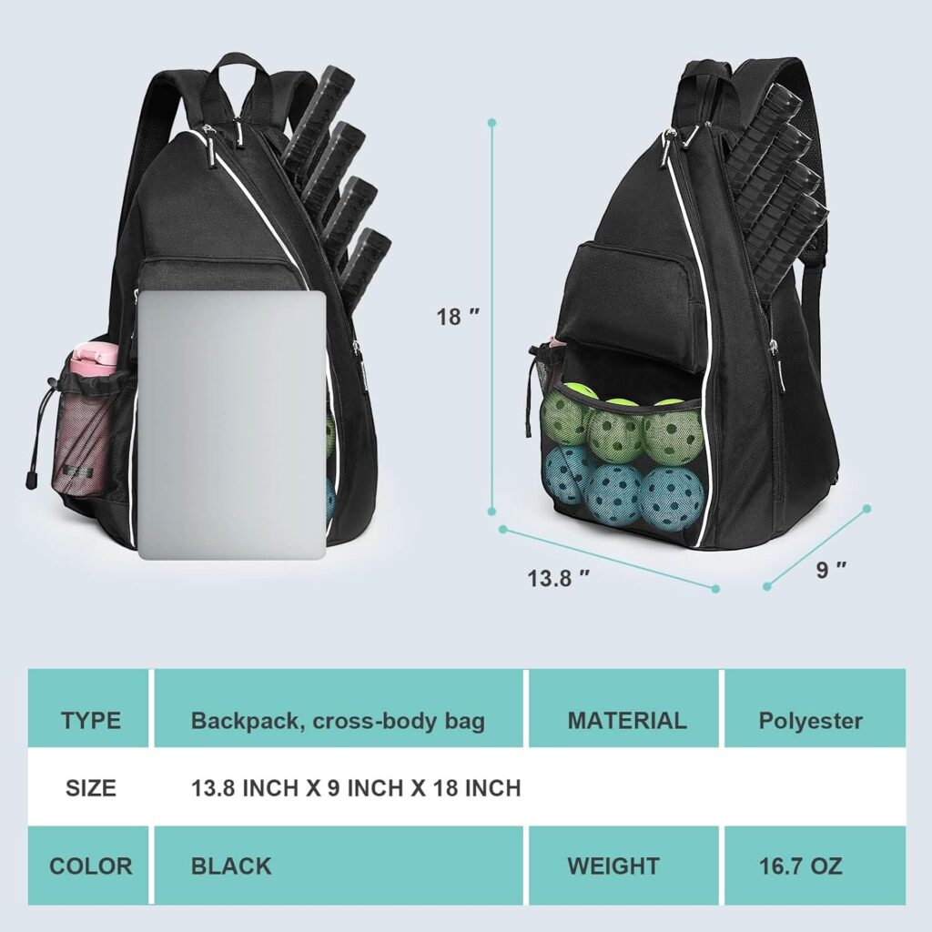 Pickleball Bags For Men Women, Adjustable Pickleball backpack , Large Capacity Sports bag, Squash,Tennis Racket,Sling bags, Cross-body Sports Backpack With Fence Hook ,Fits For 4 Pickleball Paddles