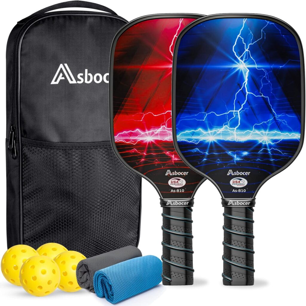 Asbocer Pickleball Paddles, USAPA Approved Pickleball Paddles Set of 2, Fiberglass Surface Pickleball Set, 4 Pickleball Balls, 2 Cooling Towels, Pickleball Bag, Pickleball Paddle Gifts for Men Women