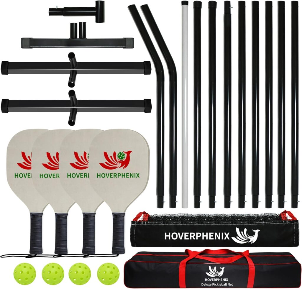 Hoverphenix Pickleball Set with Net for Driveway Portable Regulation Size Pickleball Net System with Paddle Set of 4, Outdoor Pickleballs, Carry Bag, Weather Resistant Metal Frame