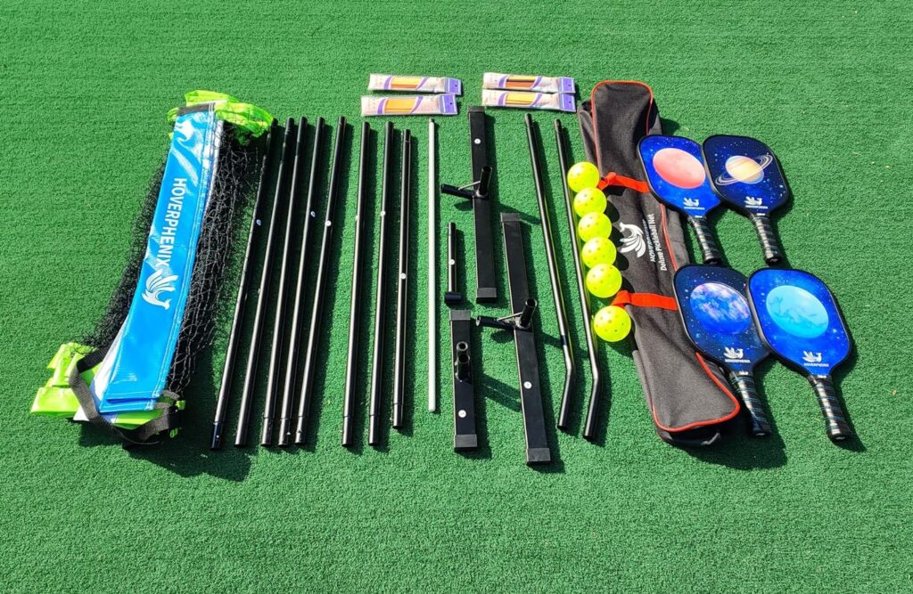 Hoverphenix Pickleball Set with Net for Driveway Portable Regulation Size Pickleball Net System with Paddle Set of 4, Outdoor Pickleballs, Carry Bag, Weather Resistant Metal Frame