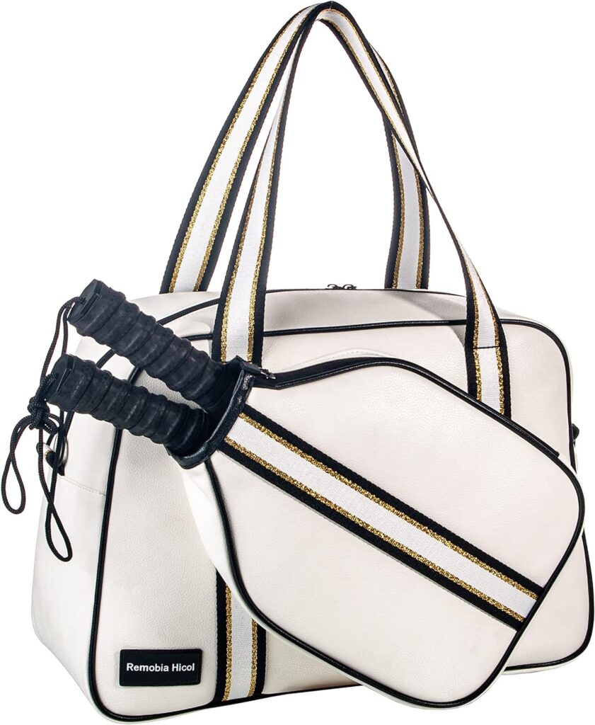 White PU Leather Women Sports Shoulder Gym Bag Pickleball Duffle Bag Pickleball Tote Bag with Front Pocket for 2 Paddles, Inner Storage Pockets, Mesh Water Bottle Holder and Adjustable Shoulder Strap