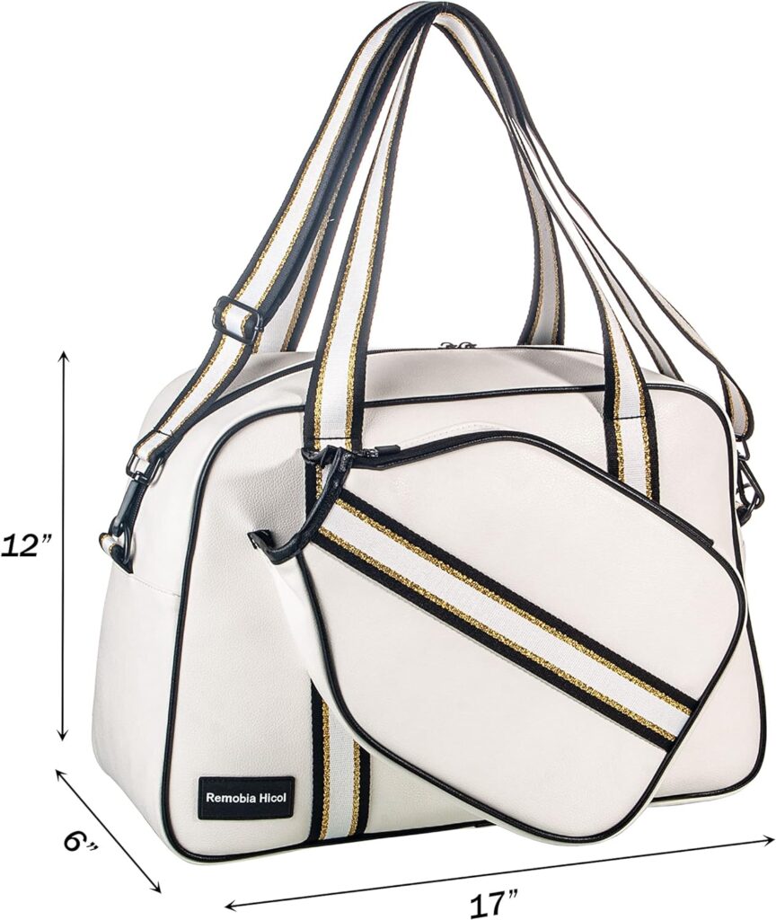 White PU Leather Women Sports Shoulder Gym Bag Pickleball Duffle Bag Pickleball Tote Bag with Front Pocket for 2 Paddles, Inner Storage Pockets, Mesh Water Bottle Holder and Adjustable Shoulder Strap