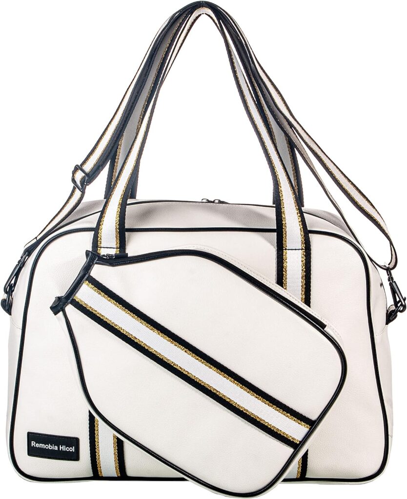 White PU Leather Women Sports Shoulder Gym Bag Pickleball Duffle Bag Pickleball Tote Bag with Front Pocket for 2 Paddles, Inner Storage Pockets, Mesh Water Bottle Holder and Adjustable Shoulder Strap